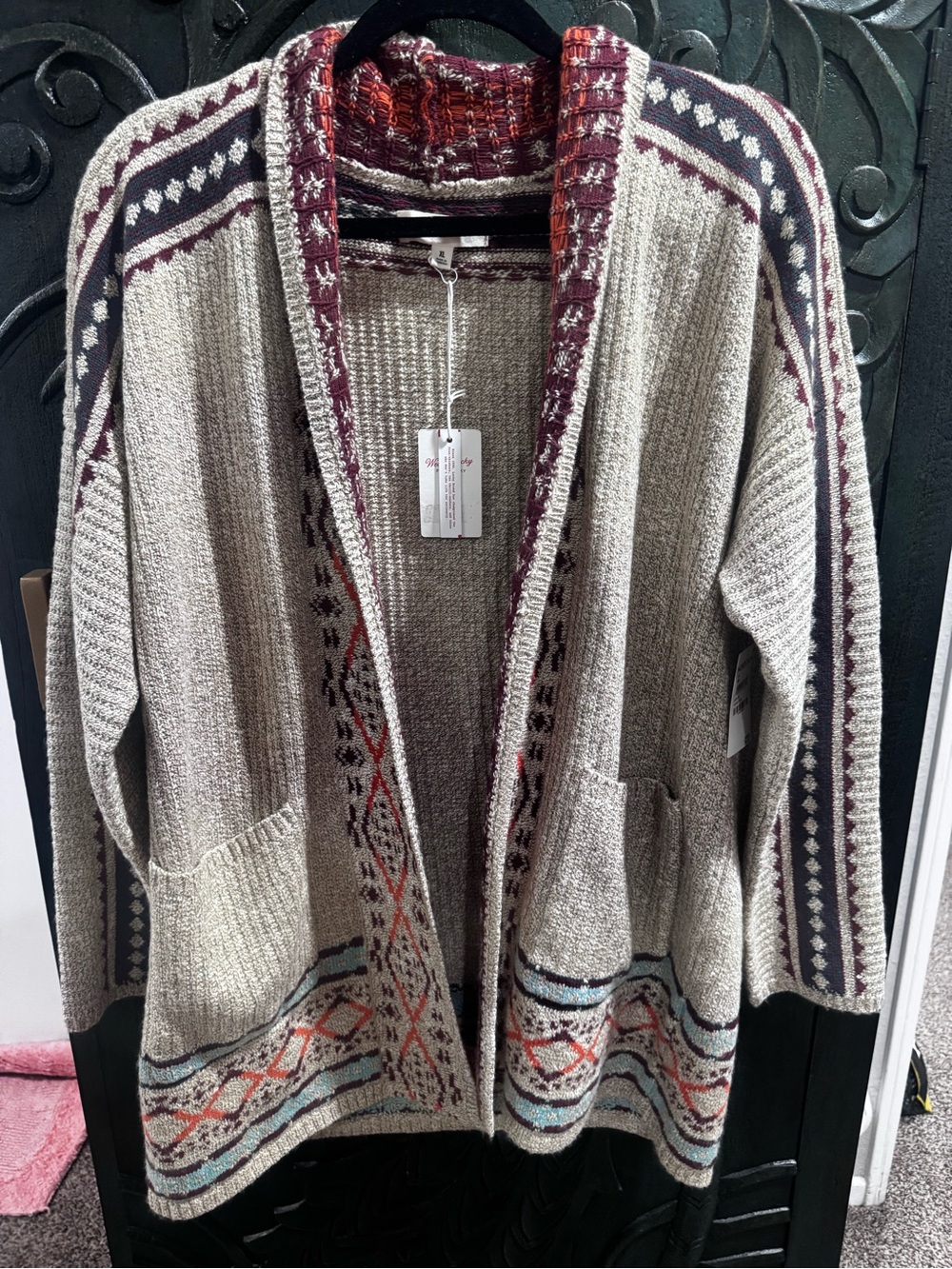 Lucky Brand Beige Open-Front Patterned Cardigan with Burgundy Trim